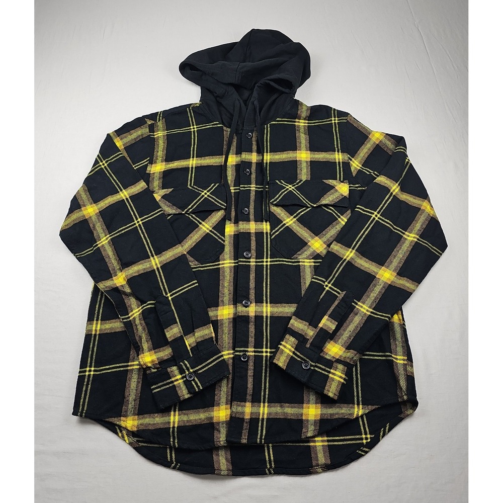 Original Use™ Checked Long Sleeve Hooded Flannel Button Shirt Size M Yellow